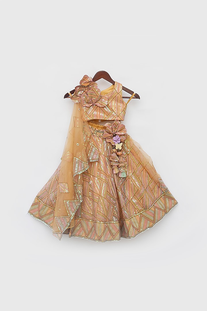 Mustard Net Embroidered Lehenga Set For Girls by Fayon Kids at Pernia's Pop Up Shop