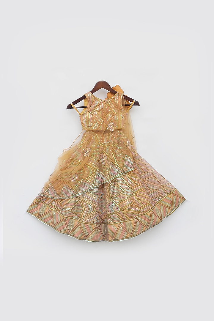 Mustard Net Embroidered Lehenga Set For Girls by Fayon Kids at Pernia's Pop Up Shop