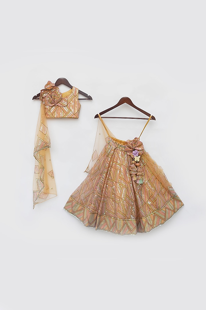 Mustard Net Embroidered Lehenga Set For Girls by Fayon Kids at Pernia's Pop Up Shop