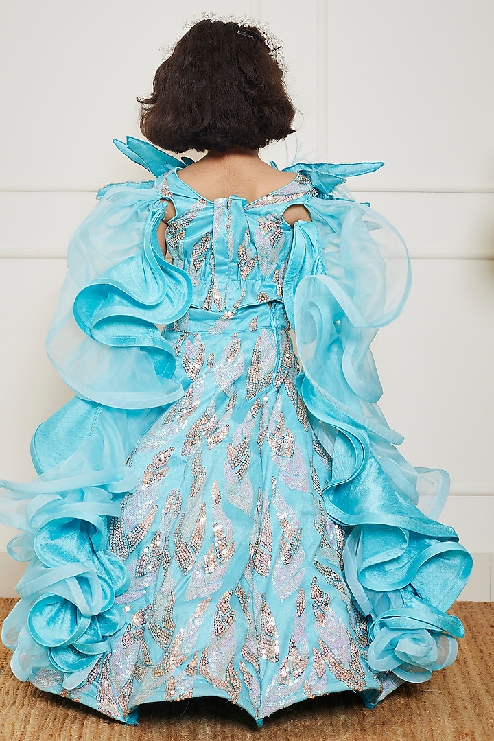 Sky Blue Net Embroidered Lehenga Set For Girls by Fayon Kids at Pernia's Pop Up Shop