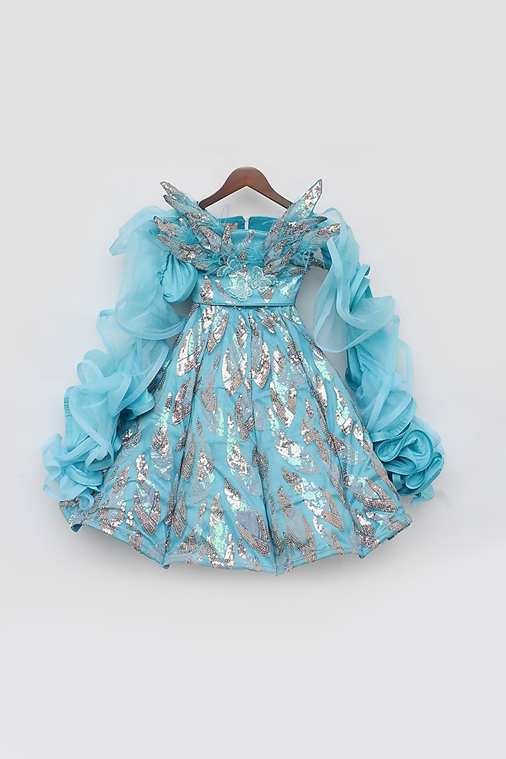 Sky Blue Net Embroidered Lehenga Set For Girls by Fayon Kids at Pernia's Pop Up Shop