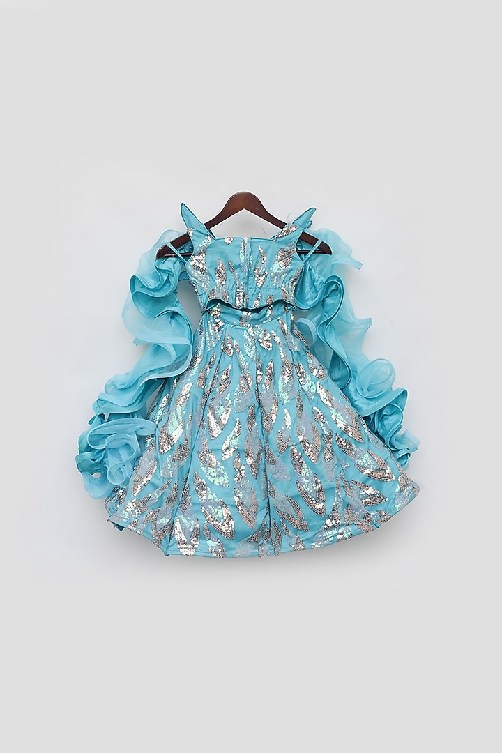Sky Blue Net Embroidered Lehenga Set For Girls by Fayon Kids at Pernia's Pop Up Shop