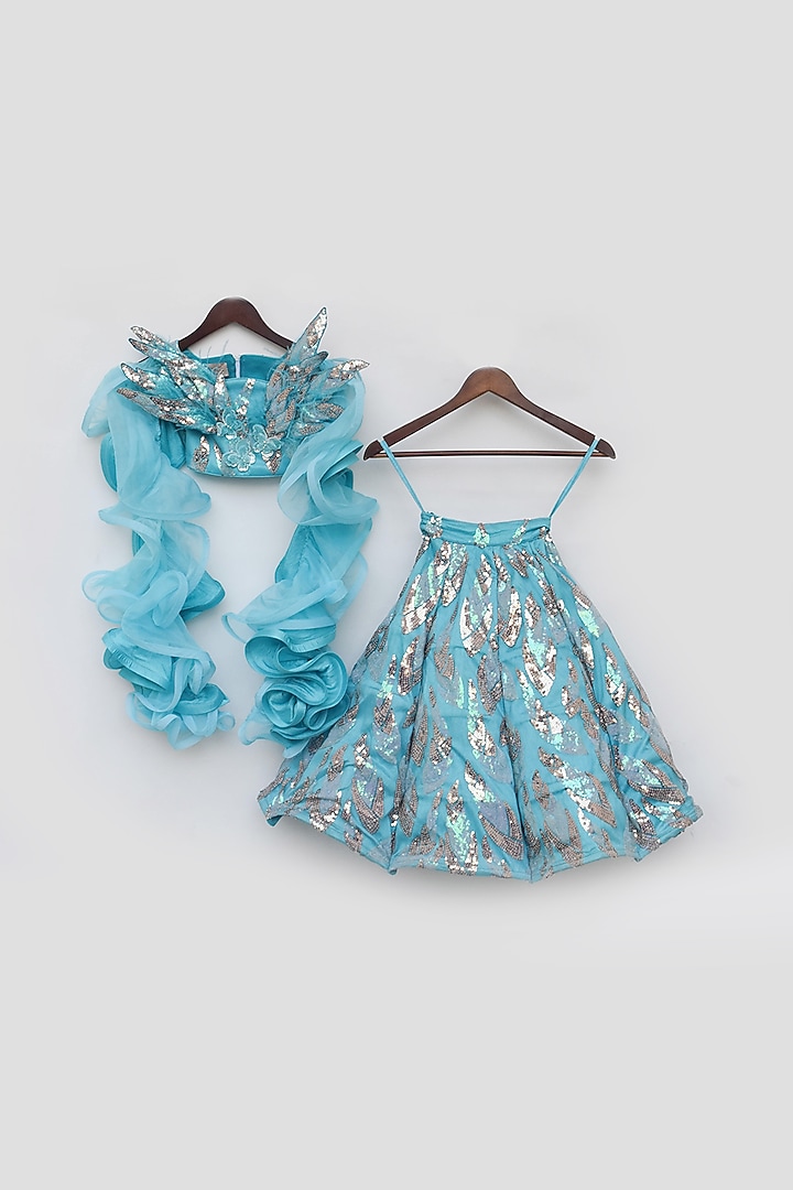 Sky Blue Net Embroidered Lehenga Set For Girls by Fayon Kids at Pernia's Pop Up Shop