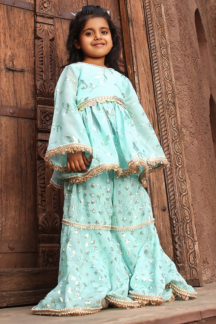 Sky Blue Georgette Embroidered Sharara Set For Girls by Fayon Kids at Pernia's Pop Up Shop