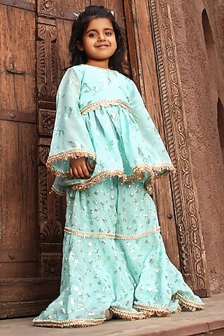 Sky Blue Georgette Embroidered Sharara Set For Girls by Fayon Kids