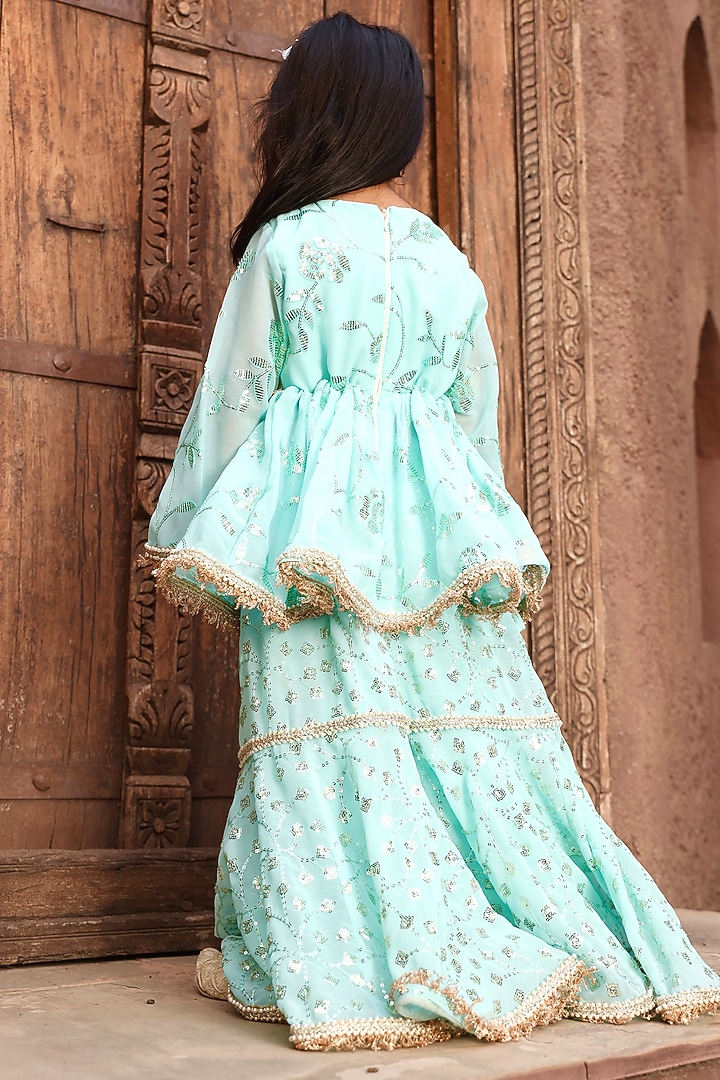 Sky Blue Georgette Embroidered Sharara Set For Girls by Fayon Kids at Pernia's Pop Up Shop