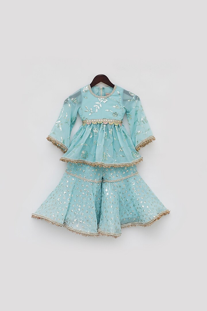 Sky Blue Georgette Embroidered Sharara Set For Girls by Fayon Kids at Pernia's Pop Up Shop