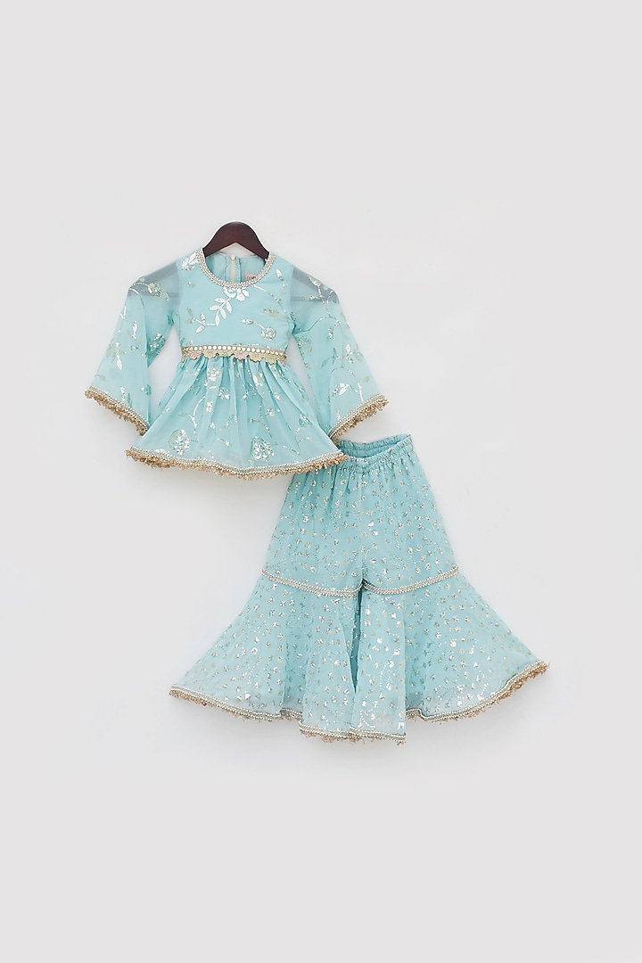 Sky Blue Georgette Embroidered Sharara Set For Girls by Fayon Kids at Pernia's Pop Up Shop