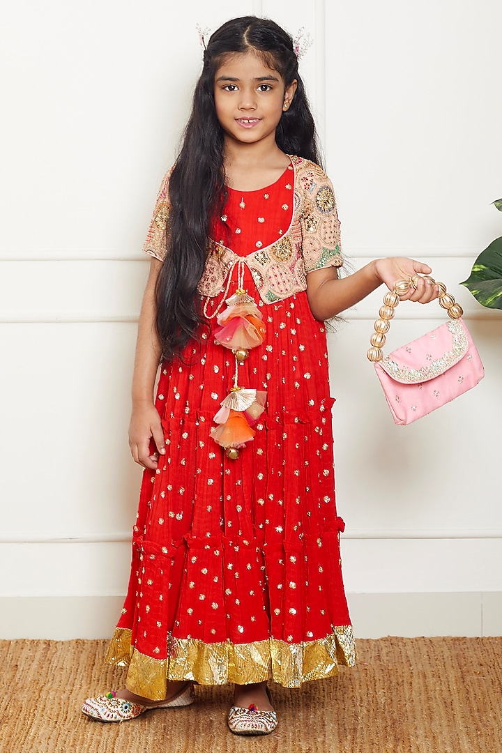 Red Georgette Embroidered Crinkle Anarkali Set For Girls by Fayon Kids at Pernia's Pop Up Shop
