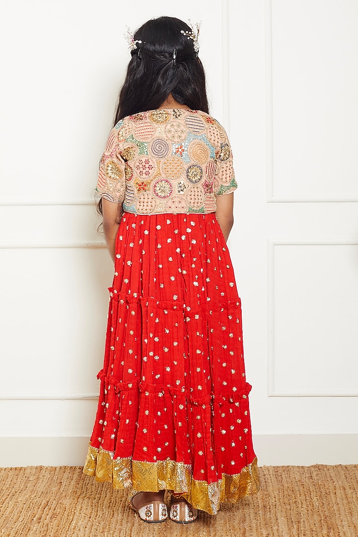 Red Georgette Embroidered Crinkle Anarkali Set For Girls by Fayon Kids at Pernia's Pop Up Shop