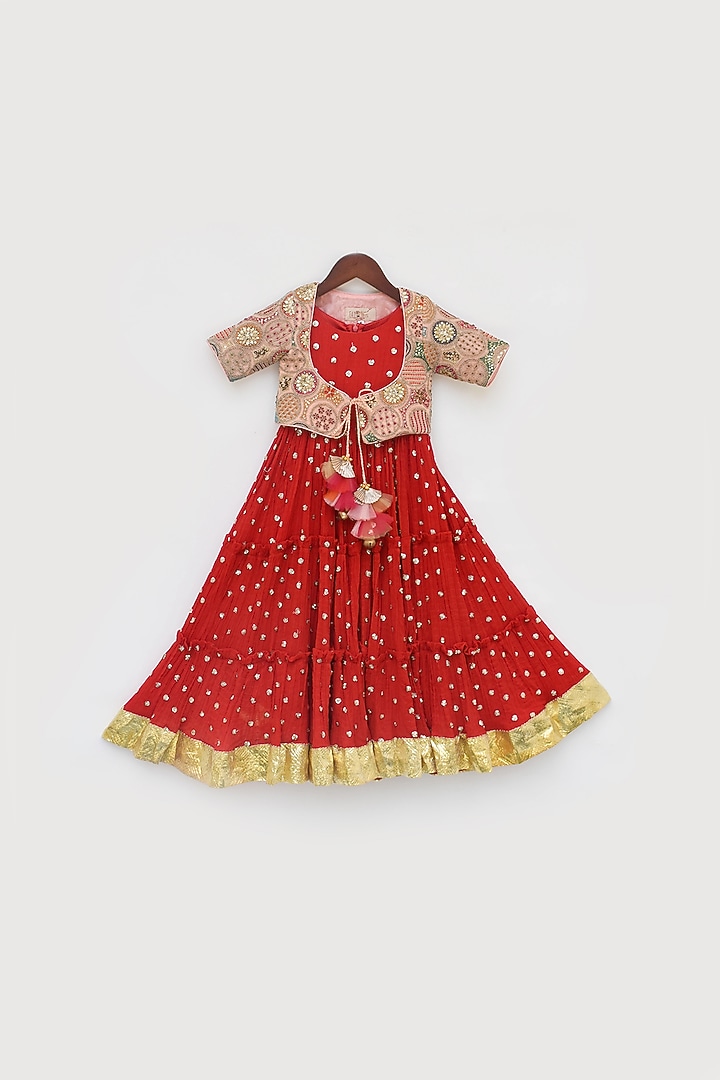 Red Georgette Embroidered Crinkle Anarkali Set For Girls by Fayon Kids at Pernia's Pop Up Shop