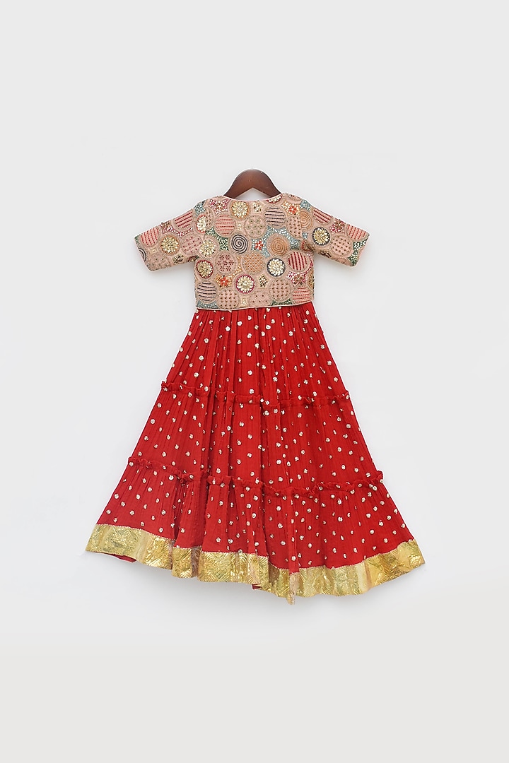 Red Georgette Embroidered Crinkle Anarkali Set For Girls by Fayon Kids at Pernia's Pop Up Shop