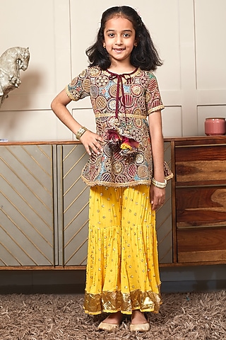 Yellow Georgette Embroidered Sharara Set For Girls by Fayon Kids