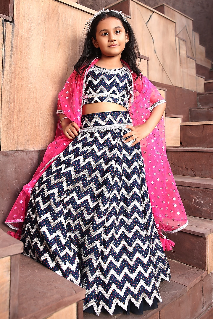 Dark Blue Silk & Net Chevron Jacket Lehenga Set For Girls by Fayon Kids at Pernia's Pop Up Shop