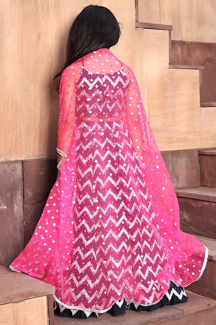 Dark Blue Silk & Net Chevron Jacket Lehenga Set For Girls by Fayon Kids at Pernia's Pop Up Shop
