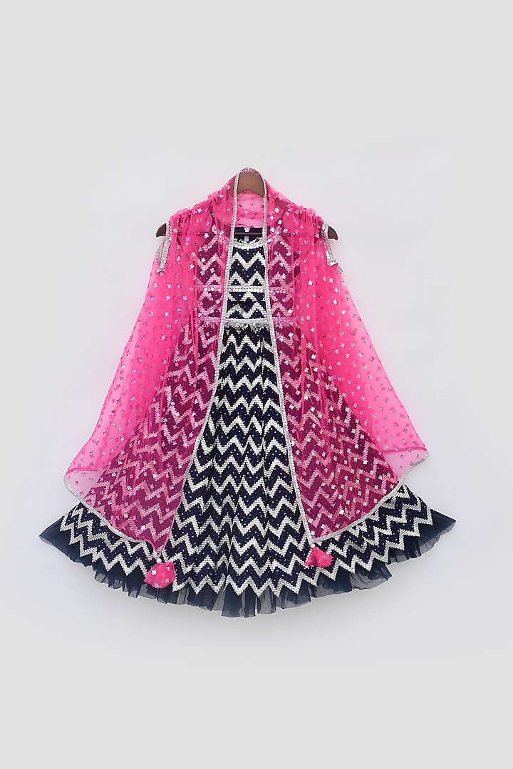 Dark Blue Silk & Net Chevron Jacket Lehenga Set For Girls by Fayon Kids at Pernia's Pop Up Shop