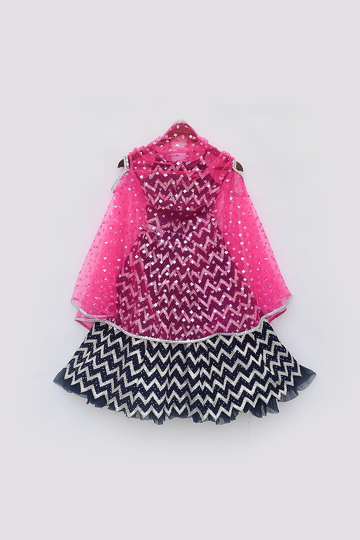 Dark Blue Silk & Net Chevron Jacket Lehenga Set For Girls by Fayon Kids at Pernia's Pop Up Shop