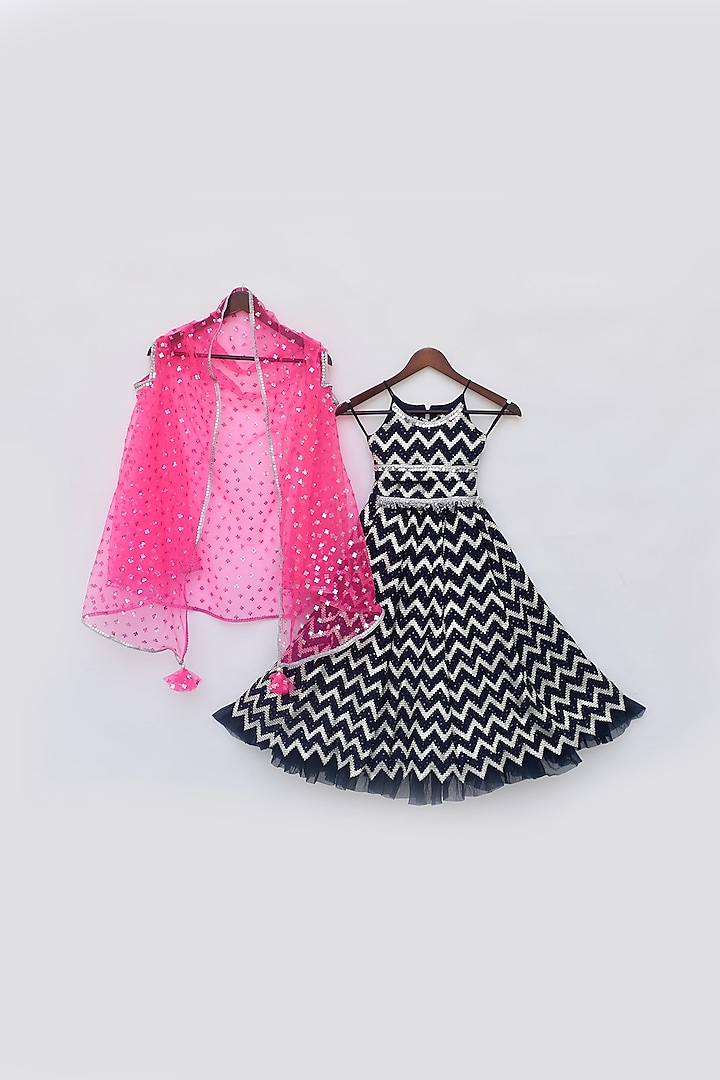 Dark Blue Silk & Net Chevron Jacket Lehenga Set For Girls by Fayon Kids at Pernia's Pop Up Shop
