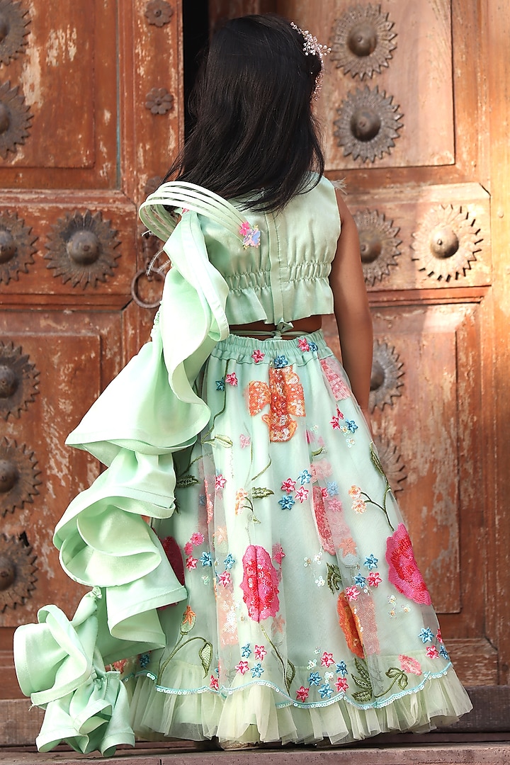 Pista Green Net Floral Embroidered Frilled Lehenga Set For Girls by Fayon Kids at Pernia's Pop Up Shop