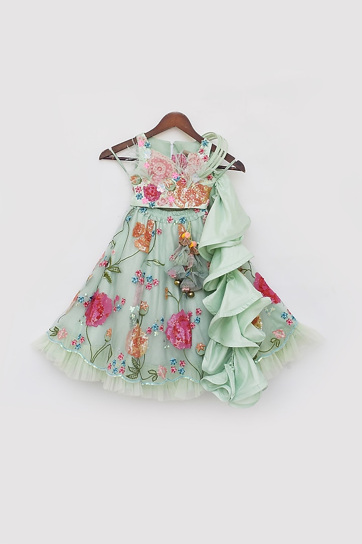 Pista Green Net Floral Embroidered Frilled Lehenga Set For Girls by Fayon Kids at Pernia's Pop Up Shop