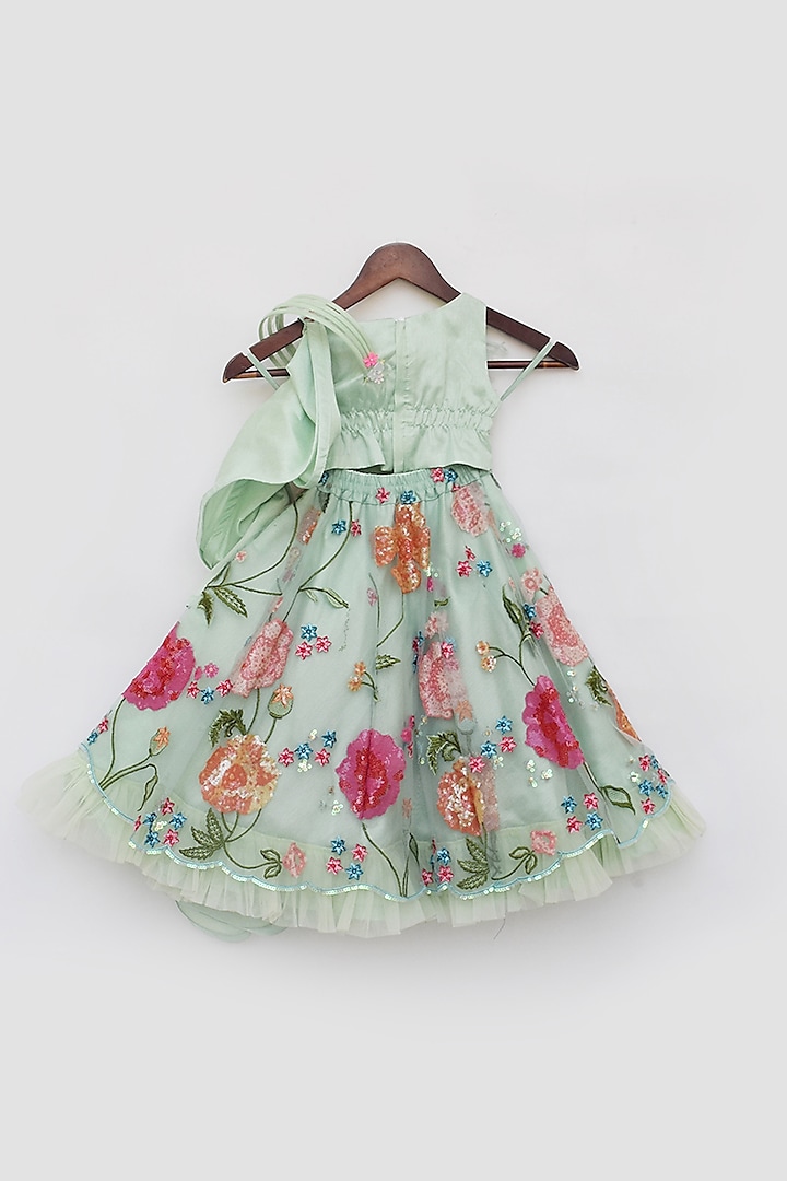 Pista Green Net Floral Embroidered Frilled Lehenga Set For Girls by Fayon Kids at Pernia's Pop Up Shop