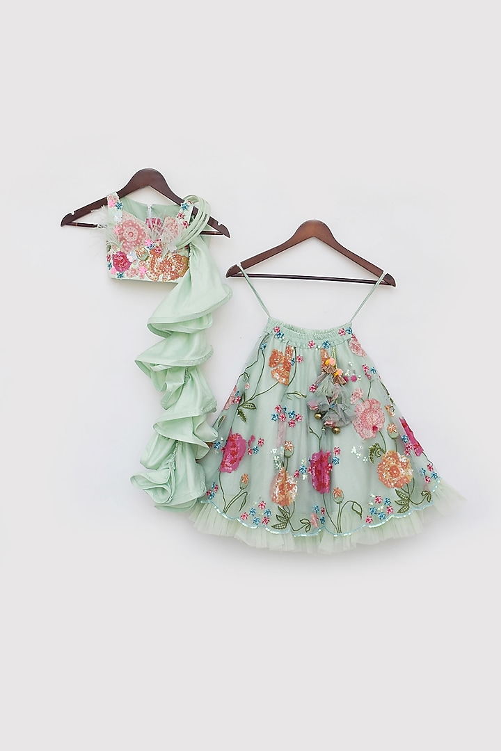 Pista Green Net Floral Embroidered Frilled Lehenga Set For Girls by Fayon Kids at Pernia's Pop Up Shop