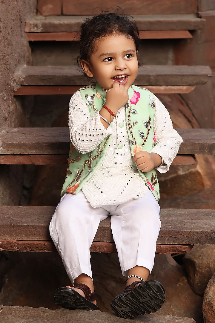 Pista Green Georgette Embroidered Nehru Jacket Set For Boys by Fayon Kids