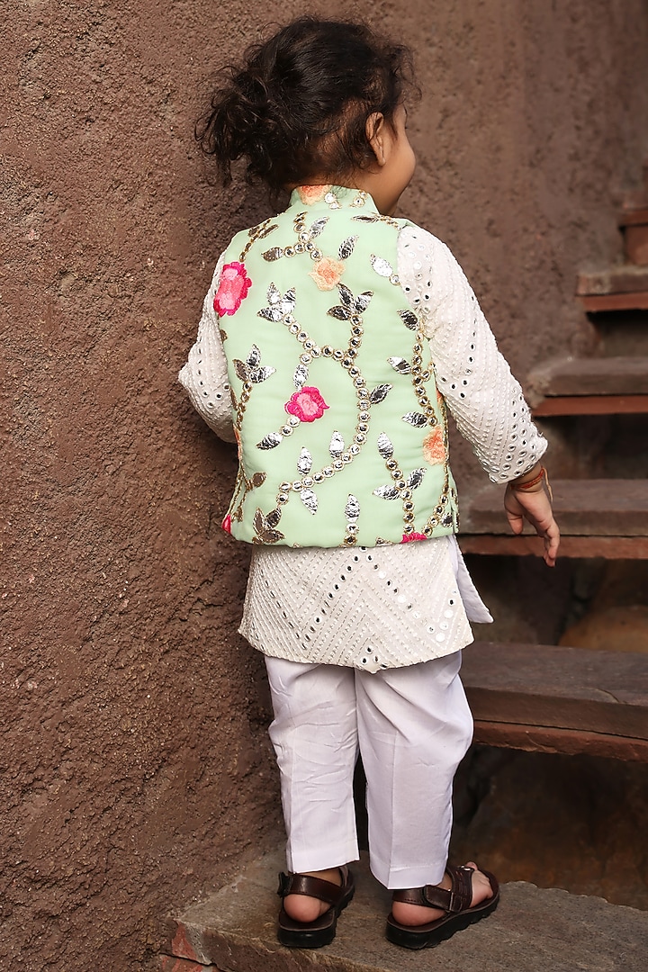 Pista Green Georgette Embroidered Nehru Jacket Set For Boys by Fayon Kids at Pernia's Pop Up Shop