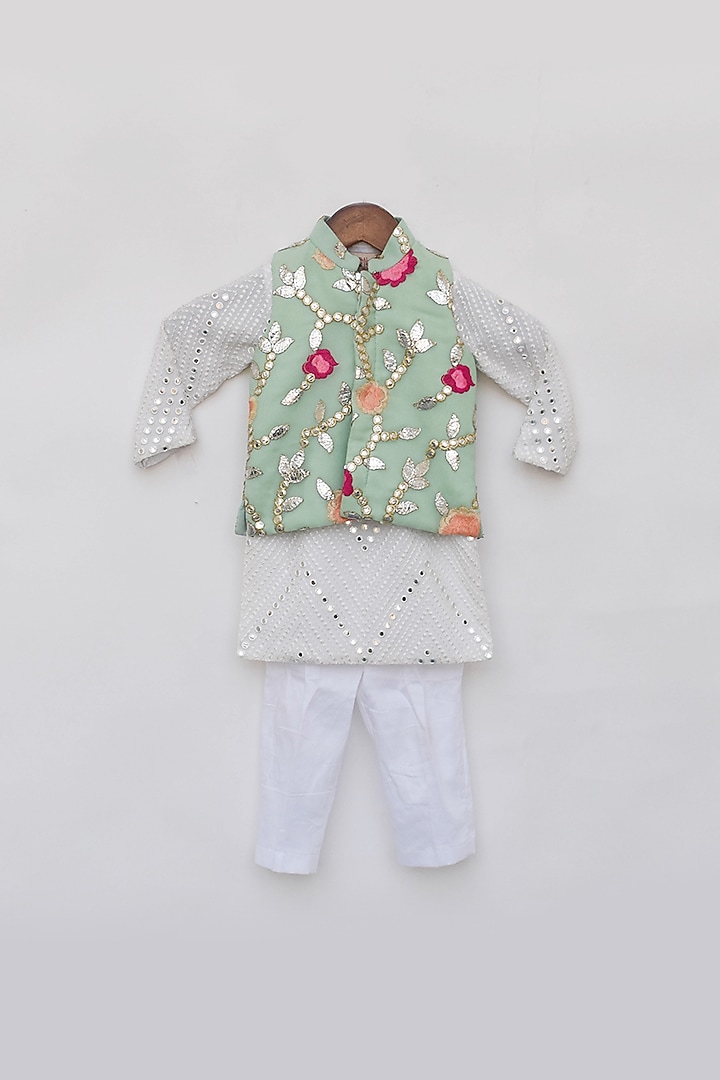 Pista Green Georgette Embroidered Nehru Jacket Set For Boys by Fayon Kids at Pernia's Pop Up Shop