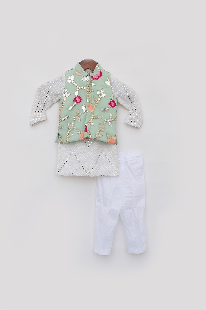 Pista Green Georgette Embroidered Nehru Jacket Set For Boys by Fayon Kids at Pernia's Pop Up Shop