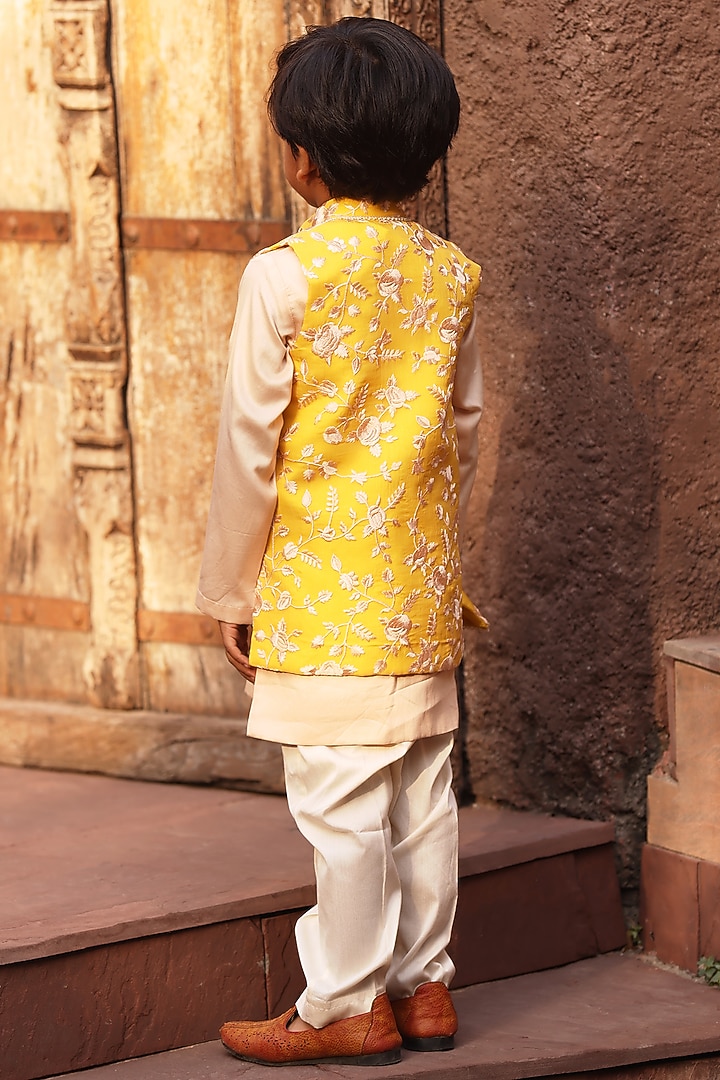 Yellow Georgette Nehru Jacket Set For Boys by Fayon Kids at Pernia's Pop Up Shop