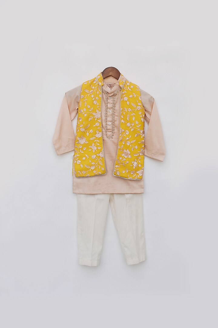 Yellow Georgette Nehru Jacket Set For Boys by Fayon Kids at Pernia's Pop Up Shop