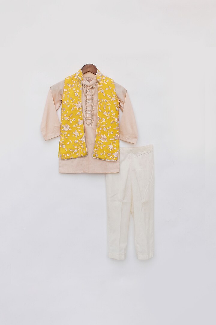 Yellow Georgette Nehru Jacket Set For Boys by Fayon Kids at Pernia's Pop Up Shop