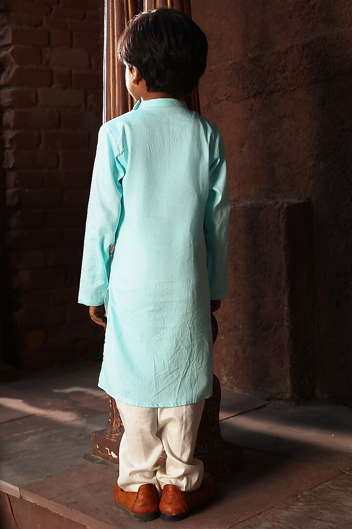 Blue Glace Cotton Embroidered Kurta Set For Boys by Fayon Kids at Pernia's Pop Up Shop