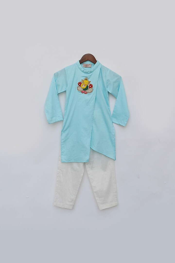 Blue Glace Cotton Embroidered Kurta Set For Boys by Fayon Kids at Pernia's Pop Up Shop