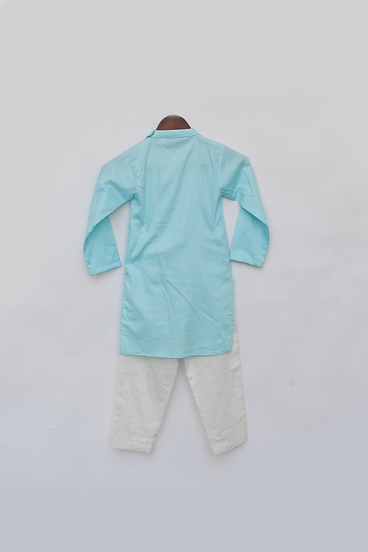 Blue Glace Cotton Embroidered Kurta Set For Boys by Fayon Kids at Pernia's Pop Up Shop
