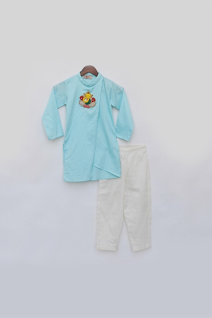Blue Glace Cotton Embroidered Kurta Set For Boys by Fayon Kids at Pernia's Pop Up Shop