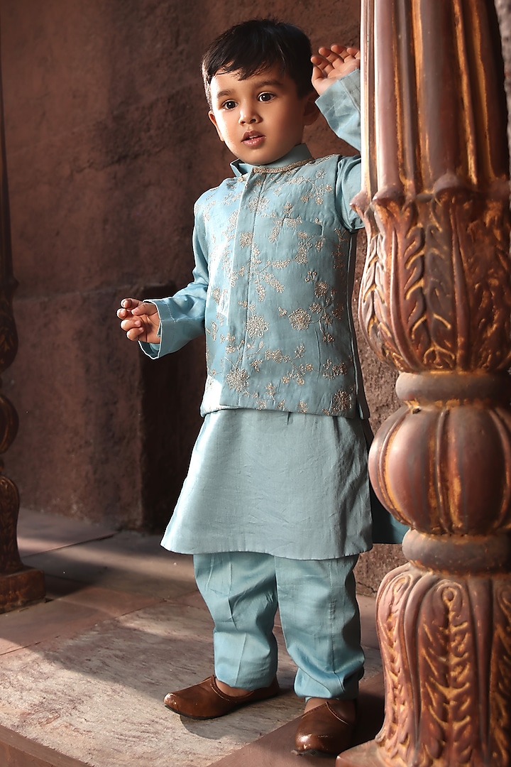 Blue Chanderi & Glace Cotton Embroidered Nehru Jacket Set For Boys by Fayon Kids