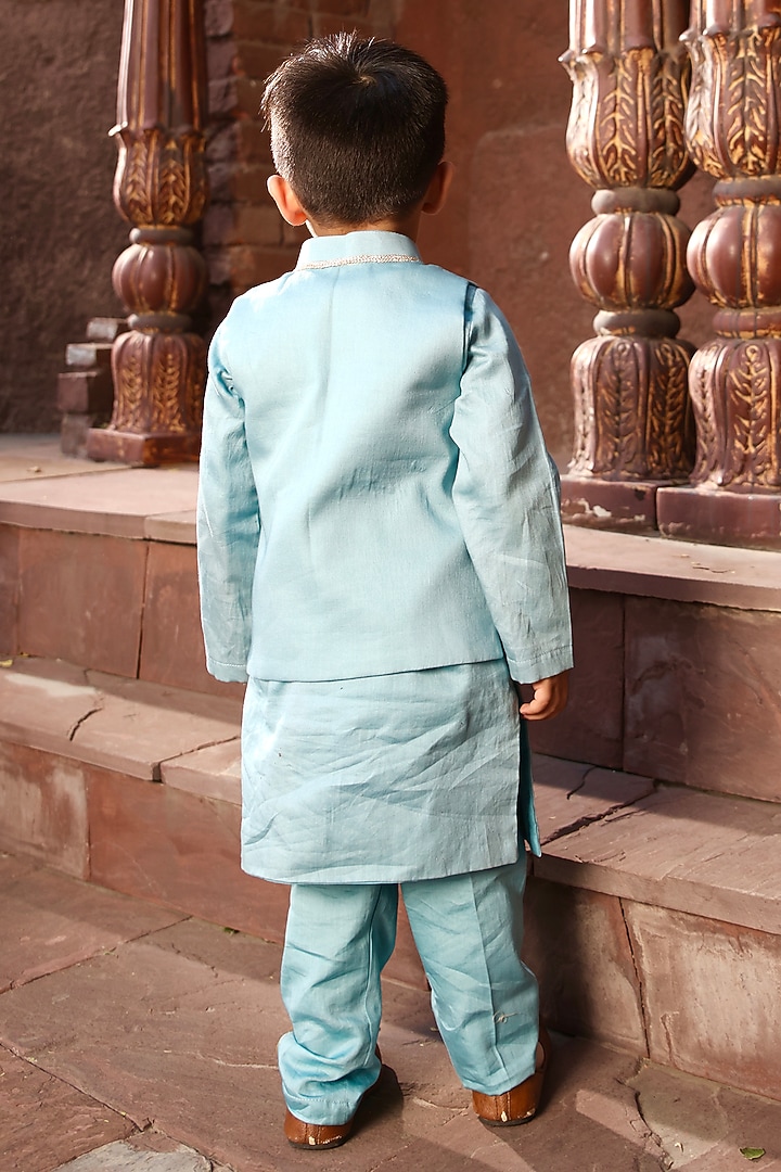 Blue Chanderi & Glace Cotton Embroidered Nehru Jacket Set For Boys by Fayon Kids at Pernia's Pop Up Shop