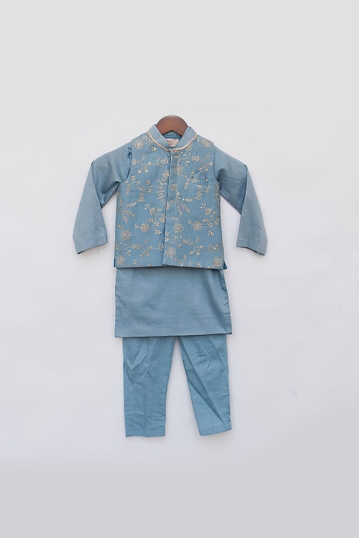 Blue Chanderi & Glace Cotton Embroidered Nehru Jacket Set For Boys by Fayon Kids at Pernia's Pop Up Shop