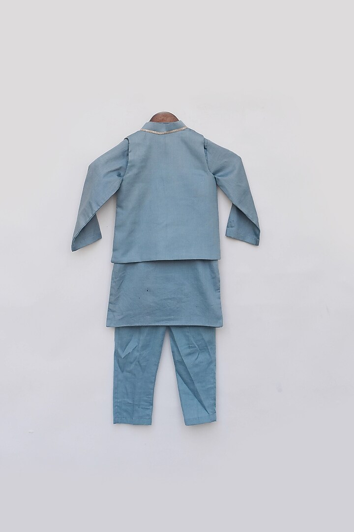 Blue Chanderi & Glace Cotton Embroidered Nehru Jacket Set For Boys by Fayon Kids at Pernia's Pop Up Shop