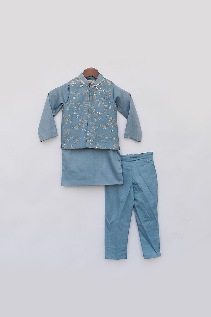 Blue Chanderi & Glace Cotton Embroidered Nehru Jacket Set For Boys by Fayon Kids at Pernia's Pop Up Shop