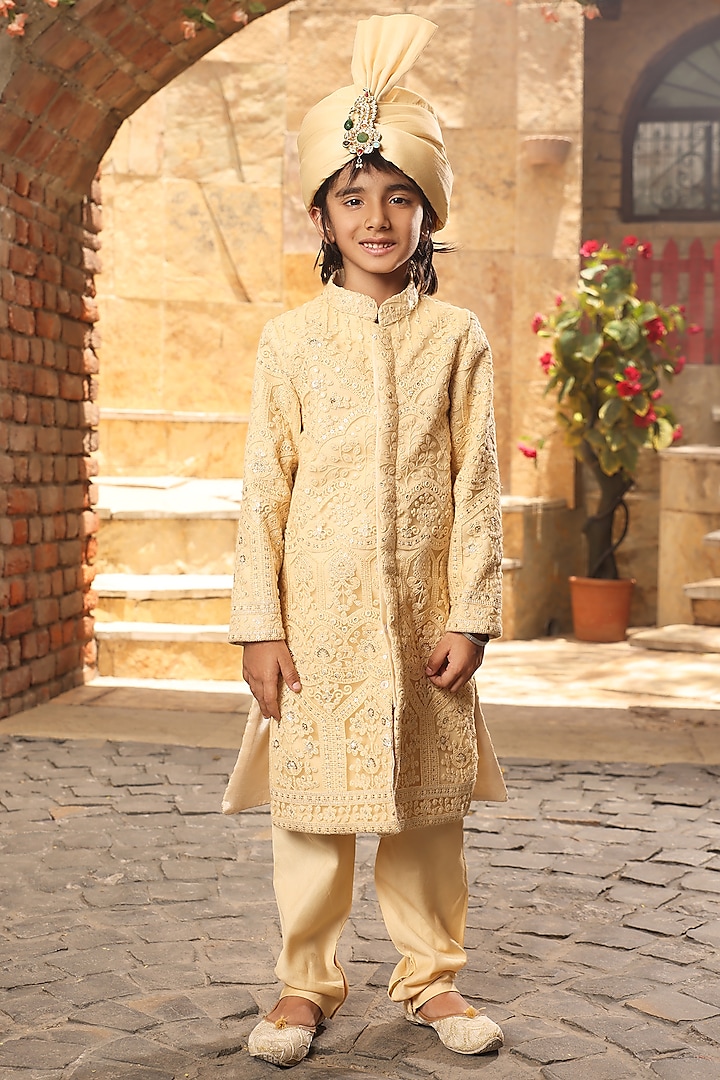 Gold Lucknowi Fabric Embroidered Achkan Set For Boys by Fayon Kids