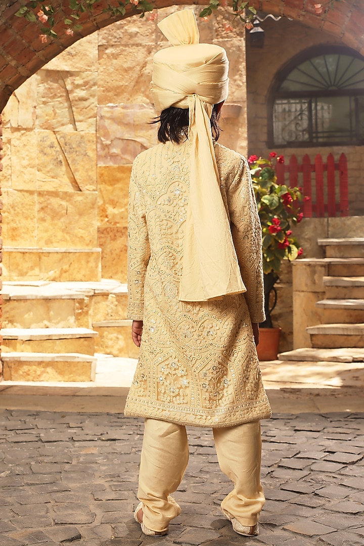 Gold Lucknowi Fabric Embroidered Achkan Set For Boys by Fayon Kids at Pernia's Pop Up Shop