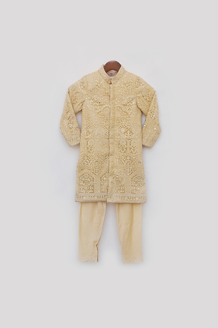 Gold Lucknowi Fabric Embroidered Achkan Set For Boys by Fayon Kids at Pernia's Pop Up Shop