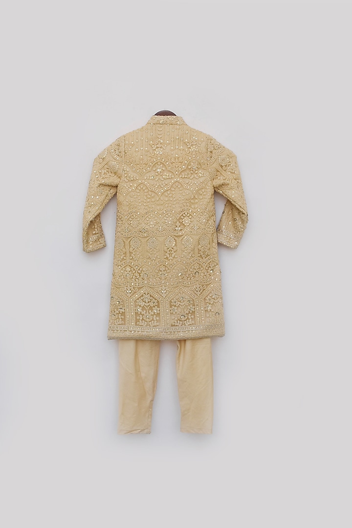 Gold Lucknowi Fabric Embroidered Achkan Set For Boys by Fayon Kids at Pernia's Pop Up Shop