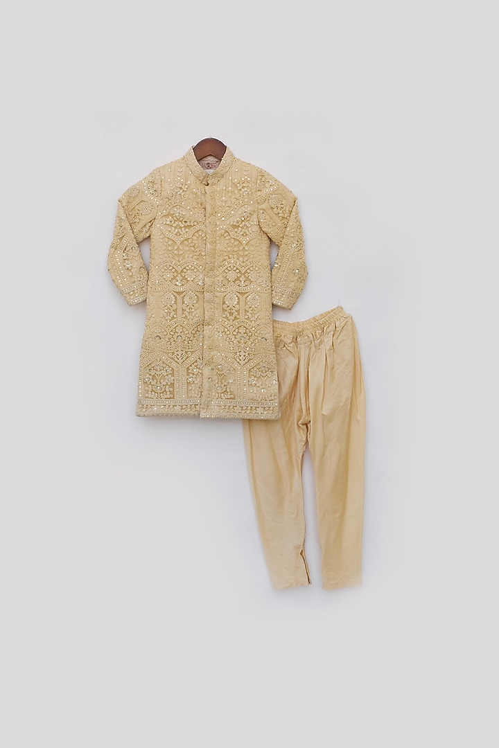 Gold Lucknowi Fabric Embroidered Achkan Set For Boys by Fayon Kids at Pernia's Pop Up Shop