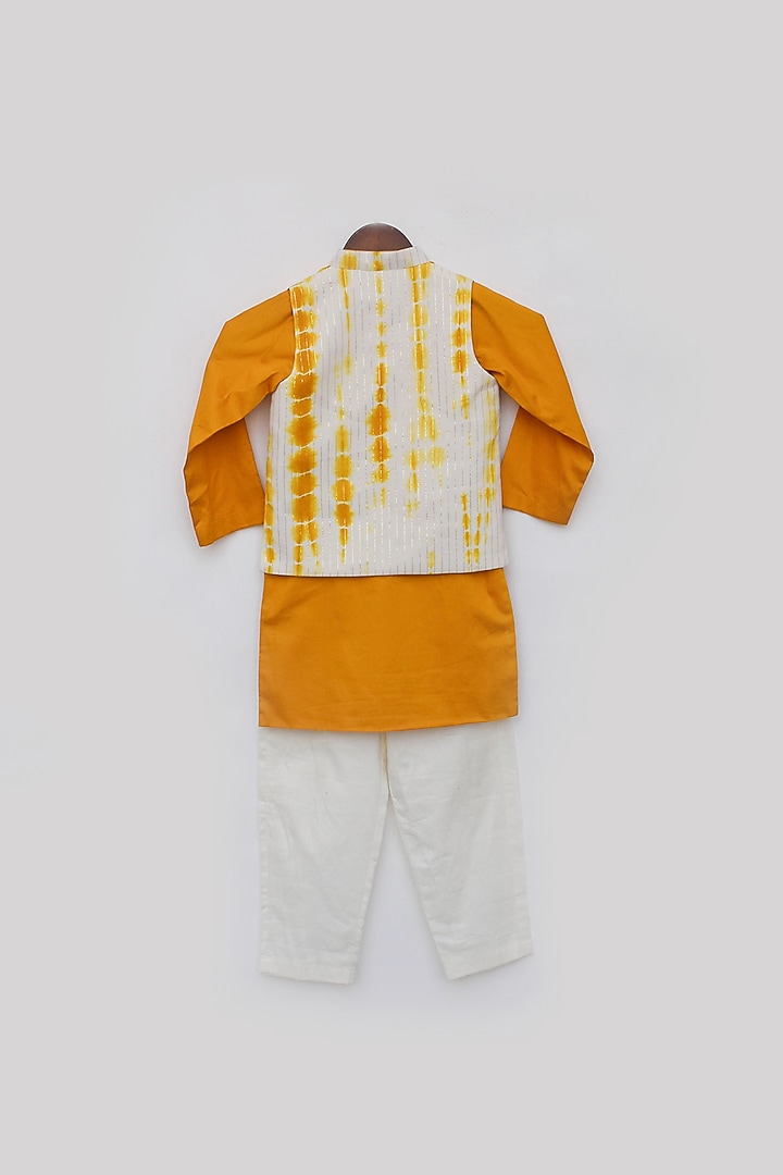 Yellow Cotton Embroidered Tie & Dye Nehru Jacket Set For Boys by Fayon Kids at Pernia's Pop Up Shop