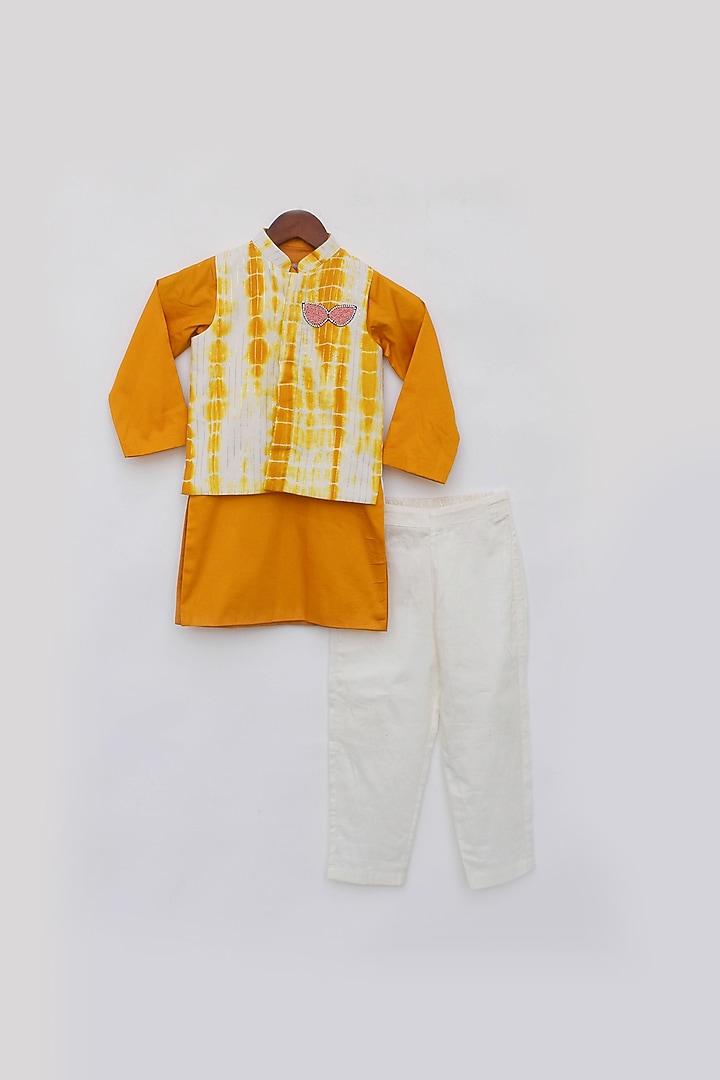 Yellow Cotton Embroidered Tie & Dye Nehru Jacket Set For Boys by Fayon Kids at Pernia's Pop Up Shop