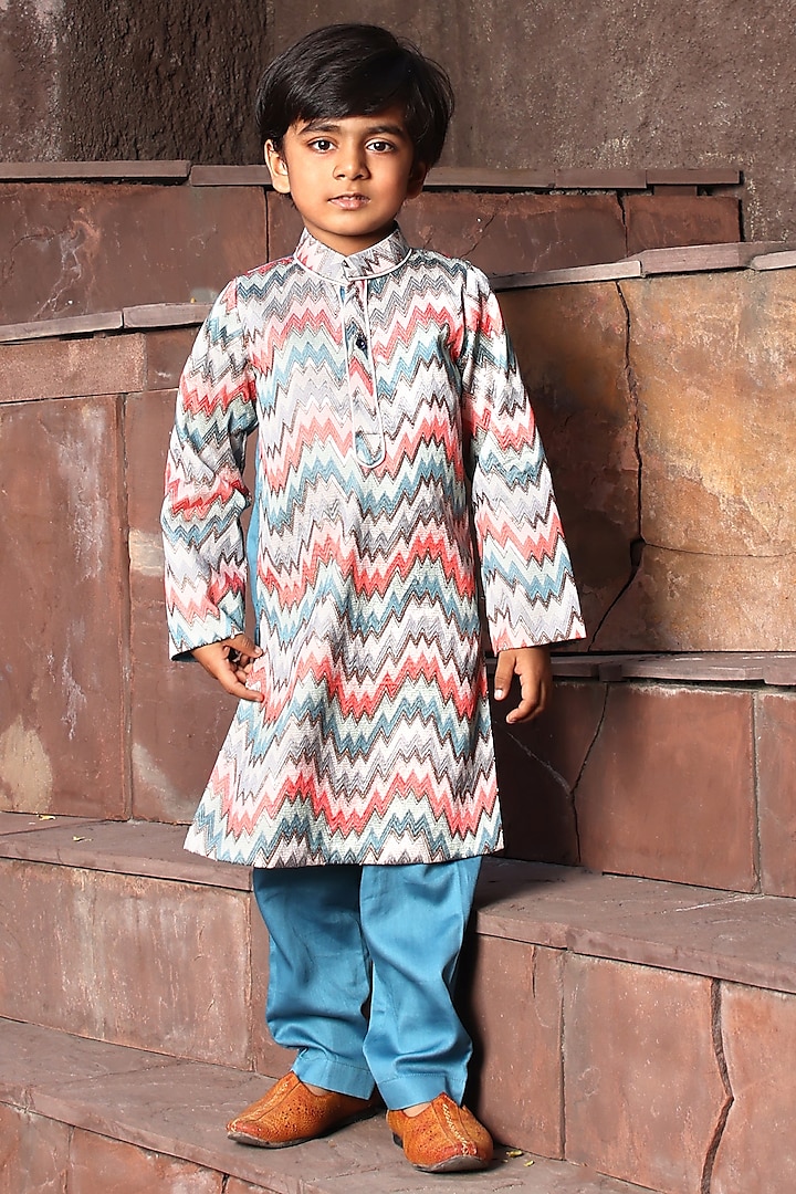 Multi-Colored Dupion Embroidered Kurta Set For Boys by Fayon Kids